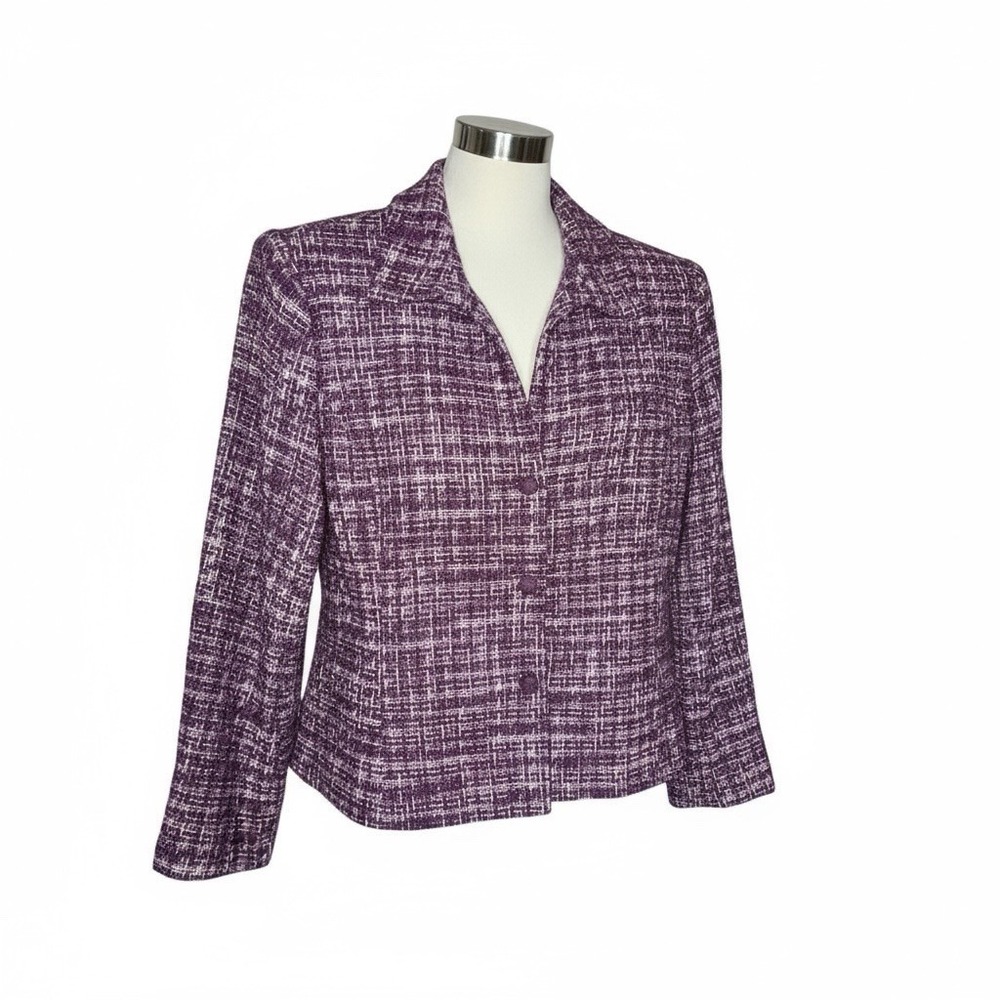 Sag Harbor Purple Tweed Button Front Long Sleeve Lined Blazer Jacket Sz 14